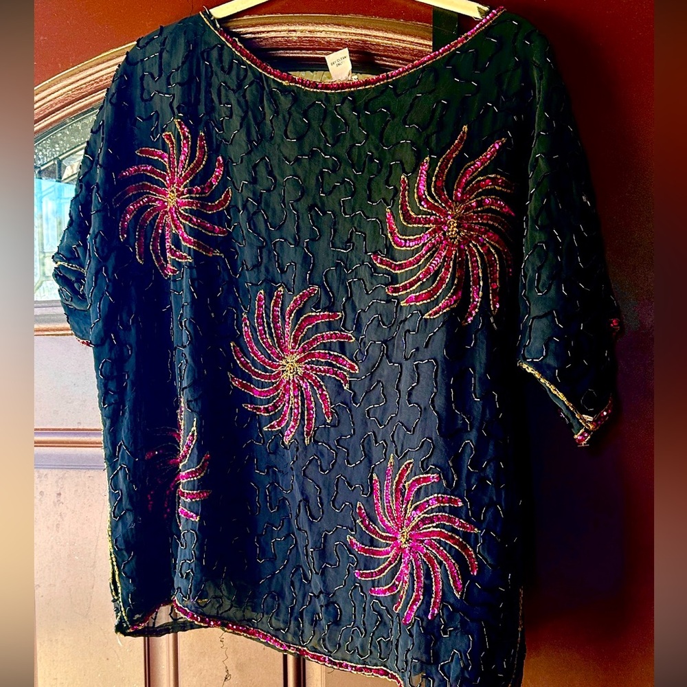 Vintage  Cee Cee  Elegant Black and Pink Embellished Women's Top